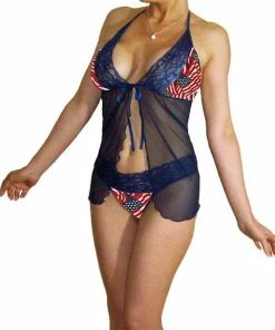 SexyCBathandBody USA American Flag Navy Blue Sexy Lace Babydoll Set W/ G-String Panties - Pls Read Sizing - XS To Large, Custom Sizing - Made To Order Women Clothing