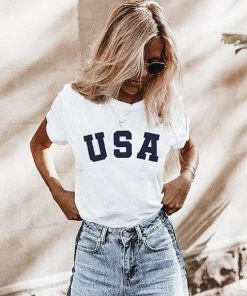 LexGraphix Women Clothing Vintage USA Unisex T-Shirt With American Flag Sleeve Print, 4th Of July, Fourth Of July, Independence Day, World Cup Soccer, Vintage USA Tee