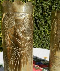 The American Store American Vintage Collection Vintage WW1 American Trench Art Shell Cases. Militaria World War 1. Antique Brass Artillery Shell Case Vases. Sweet Hearts. Remington Gun.