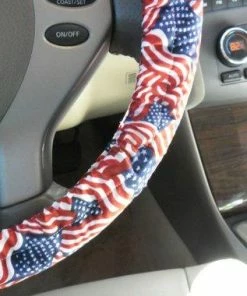 AJDenimWorks Wavy American Flag Steering Wheel Cover, Red, White, And Blue Wheel Cover Accessories