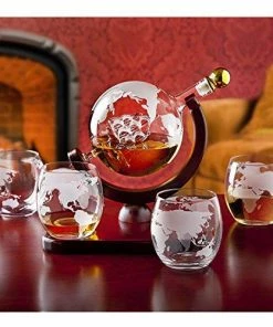Godinger Whiskey Decanter Globe Set With 4 Etched Globe Whisky Glasses - For Liquor, Scotch, Bourbon, Vodka And Wine - 850ml Casual Glasses