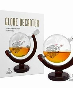 Flybold Casual Glasses Whiskey Decanter Set World Etched Globe Decanter Antique Ship Glass Stopper Pour Funnel Liquor Dispenser Spirits Scotch Bourbon Vodka Rum Wine Tequila Brandy Perfect Gift 850 Ml