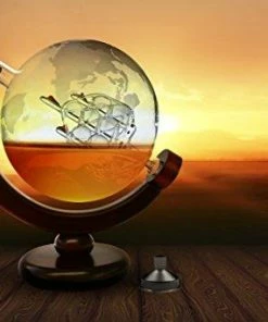 Flybold Casual Glasses Whiskey Decanter Set World Etched Globe Decanter Antique Ship Glass Stopper Pour Funnel Liquor Dispenser Spirits Scotch Bourbon Vodka Rum Wine Tequila Brandy Perfect Gift 850 Ml