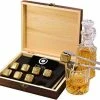 Osleek Whiskey Stones - Set Of 8 Titanium Gold Plated Stainless Steel Chilling Rocks Stored In A Premium Handmade Quality Wood Gift Box - Velvet Freezing Bag And Tong Included Casual Glasses