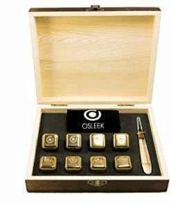 Osleek Whiskey Stones - Set Of 8 Titanium Gold Plated Stainless Steel Chilling Rocks Stored In A Premium Handmade Quality Wood Gift Box - Velvet Freezing Bag And Tong Included Casual Glasses