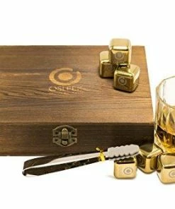 Osleek Whiskey Stones - Set Of 8 Titanium Gold Plated Stainless Steel Chilling Rocks Stored In A Premium Handmade Quality Wood Gift Box - Velvet Freezing Bag And Tong Included Casual Glasses