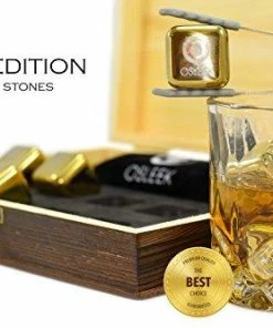 Osleek Whiskey Stones - Set Of 8 Titanium Gold Plated Stainless Steel Chilling Rocks Stored In A Premium Handmade Quality Wood Gift Box - Velvet Freezing Bag And Tong Included Casual Glasses