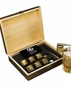 Osleek Whiskey Stones - Set Of 8 Titanium Gold Plated Stainless Steel Chilling Rocks Stored In A Premium Handmade Quality Wood Gift Box - Velvet Freezing Bag And Tong Included Casual Glasses