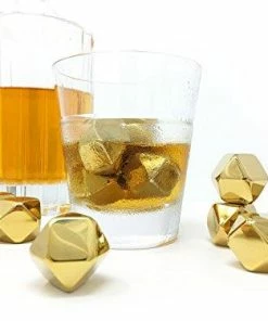 The American Store Whiskey Stones Gold Edition Gift Set Of 8 Stainless Steel Diamond Shaped Ice Cubes, Reusable Chilling Rocks Including Silicone Tip Tongs And Storage Tray By NIFTY5 Casual Glasses