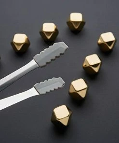 The American Store Whiskey Stones Gold Edition Gift Set Of 8 Stainless Steel Diamond Shaped Ice Cubes, Reusable Chilling Rocks Including Silicone Tip Tongs And Storage Tray By NIFTY5 Casual Glasses