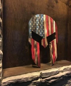 Online American Store Wood Spartan Helmet - Man Cave Decor - Wood American Flag - Rustic Wall Art - Patriotic Wall Art - Wooden Spartan - Charred Wood Helmet