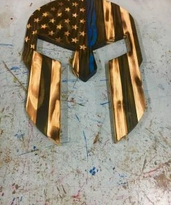 Online American Store Wood Spartan Helmet - Thin Red Line - Wood American Flag - Thin Blue Line - Patriotic Wall Art - Wooden Spartan - Charred Wood Helmet