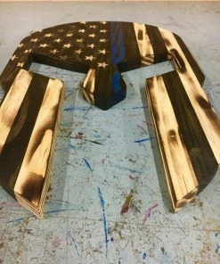 Online American Store Wood Spartan Helmet - Thin Red Line - Wood American Flag - Thin Blue Line - Patriotic Wall Art - Wooden Spartan - Charred Wood Helmet
