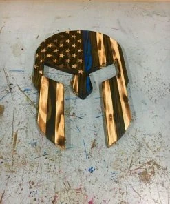 Online American Store Wood Spartan Helmet - Thin Red Line - Wood American Flag - Thin Blue Line - Patriotic Wall Art - Wooden Spartan - Charred Wood Helmet