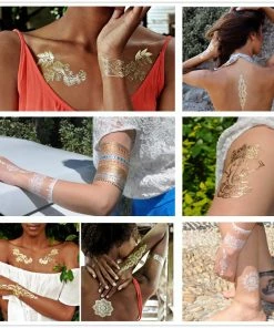 The American Store Halloween Temporary Tekashi69 Tattoos 1PC Flash Metallic Waterproof Tattoo Gold Silver Women Fashion Henna YS-51 Peacock Feather Design Face Freckle Temporary Tattoo