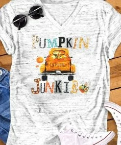The American Store 2018 Halloween Fashion Women T-Shirt Short Sleeve Pumpkin Spice Junkie Letter Truck Print V-Neck Cute T-Shirt Ladies Tops Tee Halloween Women Clothing