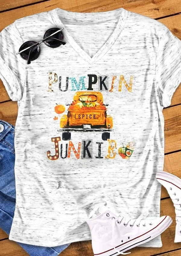 The American Store 2018 Halloween Fashion Women T-Shirt Short Sleeve Pumpkin Spice Junkie Letter Truck Print V-Neck Cute T-Shirt Ladies Tops Tee Halloween Women Clothing 3 The American Store 2018 Halloween Fashion Women T-Shirt Short Sleeve Pumpkin Spice Junkie Letter Truck Print V-Neck Cute T-Shirt Ladies Tops Tee Halloween Women Clothing