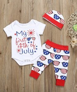 Onlineamericanstore Kids Clothing 2019 Fashion Infant Baby 4th Of July Letter Romper Bodysuit+Stars Striped Pants+Hat Outfits Abito In Cotone A Maniche Corte#40