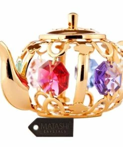 24K Gold Plated Highly Polished Teapot Ornament Made With Genuine Matashi Crystals