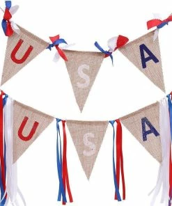 Onlineamericanstore 2M USA Burlap Pennant Bunting Banner Hanging Decor For American National Day Forth Of July Independence Day
