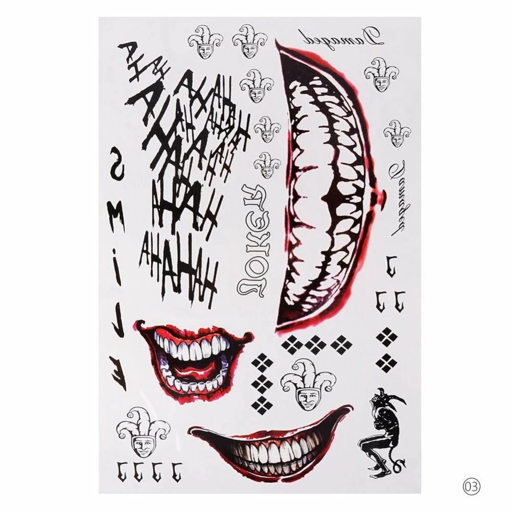 The American Store 4 Styles Halloween Cosplay The Joker Temporary Tattoo Stickers Body Art Tattoos For Face Arm 20X29.6cm #255337 11 The American Store 4 Styles Halloween Cosplay The Joker Temporary Tattoo Stickers Body Art Tattoos For Face Arm 20X29.6cm #255337