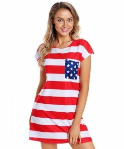 The American Store 4th Of July Party USA Flag Print Mini Dress For Women Elegant Ladies US American Flag High Waist Dresses With Pocket Plus Size