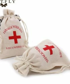 HONGKONG DMAX LIMITED 5pcs Wedding Hangover Kit Bags 10*14cm Cotton Cross Jewelry Favor Bags Bachelorette Hen Bridal Shower Champagne Party Gift Bag