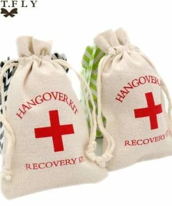 HONGKONG DMAX LIMITED 5pcs Wedding Hangover Kit Bags 10*14cm Cotton Cross Jewelry Favor Bags Bachelorette Hen Bridal Shower Champagne Party Gift Bag
