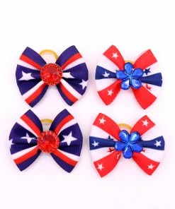 Onlineamericanstore Patriotic Theme Party Supplies 60pcs Handmade Pet Puppy Dog Cat Hair Bows For 4th Of July With Rhinestone Red White Blue Pet Hair Accessories Pet Supplies