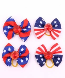 Onlineamericanstore Patriotic Theme Party Supplies 60pcs Handmade Pet Puppy Dog Cat Hair Bows For 4th Of July With Rhinestone Red White Blue Pet Hair Accessories Pet Supplies