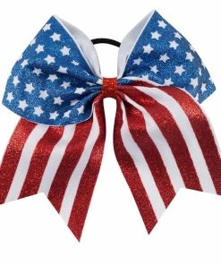 The American Store 7'' Print Glitter 4th Of July Cheer Bow With Elastic Hair Band For Kid Girl American Flag Hair Bow Cheerleading Hair Accessories