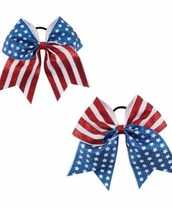 The American Store 7'' Print Glitter 4th Of July Cheer Bow With Elastic Hair Band For Kid Girl American Flag Hair Bow Cheerleading Hair Accessories