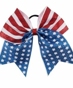 The American Store 7'' Print Glitter 4th Of July Cheer Bow With Elastic Hair Band For Kid Girl American Flag Hair Bow Cheerleading Hair Accessories