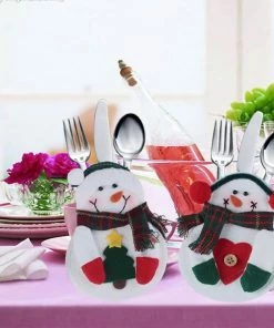 Xenon30 2pcs Xmas Decor Santa Claus Snowman Kitchen Tableware Holder Pocket Dinner Cutlery Bag Party Christmas Table Decoration Cutlery