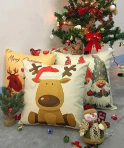 TIANZAN Life Store GZTZMY 1Pcs 45*45 Cm Happy New Year Christmas Decorations For Home Cartoon Elk Linen Decorative Pillows Cover Navidad Natal Christmas Home Decor