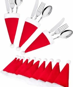 Shop2962068 Store Christmas Home Decor 10 Pcs/Set Christmas Hat Cutlery Bag Candy Gift Bags Cute Pocket Fork Knife Holder Table Dinner Decoration