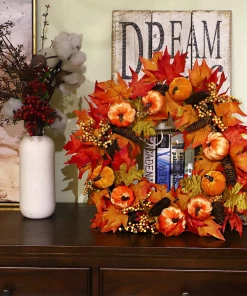 The American Store Pumpkin Wreath 20" Grapevine Pip Berry Stems Fall Chevron Bow Autumn Spray Modern Wreath Rustic Halloween Thanksgiving Housewarming Wreath