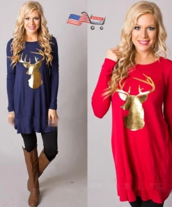 Onlineamericanstore Fashion Women Christmas Printed Casual Party Long Sleeve Mini Sundress Dress For Women Christmas Women Clothing