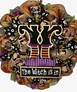 The American Store Halloween Wreath The Witch Is In 24" Black Purple Green And Orange Eyeball Ribbons Glittery Witch Hat Wreath