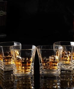 Online American Store Square Whiskey Rocks Glass - Premium Lead Free Crystal Scotch Tumbler For Bourbon Or Whisky - 9 Oz Set Of 4 Casual Glasses