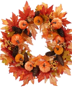 The American Store Pumpkin Wreath 20" Grapevine Pip Berry Stems Fall Chevron Bow Autumn Spray Modern Wreath Rustic Halloween Thanksgiving Housewarming Wreath