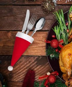 Shop2962068 Store Christmas Home Decor 10 Pcs/Set Christmas Hat Cutlery Bag Candy Gift Bags Cute Pocket Fork Knife Holder Table Dinner Decoration