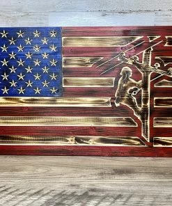 Online American Store Lineman Flag, American Flag Wall Art, Wooden American Flag, Wood USA Flag, Patriotic Wooden Wall Decor, 1776 Betsy Ross Flag, Home (Small)