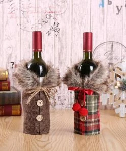 The American Store Christmas Home Decor Christmas Wine Bottle Set Bow Button Clothes Style Bottle Cover Kitchen Supplies For New Year Christmas Dinner Party Decoration