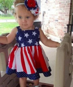 Online American Store Kids Clothing Fashion Kids Baby Girl Toddler Baby Kids New Independence 4th Of July Star Stripe Dress Party Princess Dresses Vestidos A1
