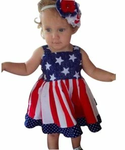 Online American Store Kids Clothing Fashion Kids Baby Girl Toddler Baby Kids New Independence 4th Of July Star Stripe Dress Party Princess Dresses Vestidos A1