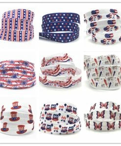 Onlineamericanstore July 4th Fireworks Owl USA Hearts Print Fold Over Elastic FOE Ribbon For Headbands Diy Sewing Decoration Accessories 10yard 15mm