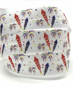 Onlineamericanstore July 4th Fireworks Owl USA Hearts Print Fold Over Elastic FOE Ribbon For Headbands Diy Sewing Decoration Accessories 10yard 15mm