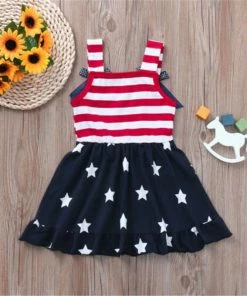I Baby Store July 4th Toddler Baby Girl Dress American Flag Stars Striped Dresses Baby Kid Summer Bow Ruffle Dress Party Vestidos Robe Fille