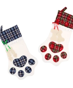 The American Store Large Plaid Paw Christmas Stocking For Dog Cat Christmas Gift Bags Xmas Tree Ornaments New Year Decoration Navidad Christmas Pets Collection